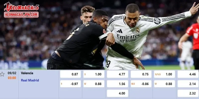 Tỷ lệ kèo chi tiết của của trận Valencia vs Real Madrid