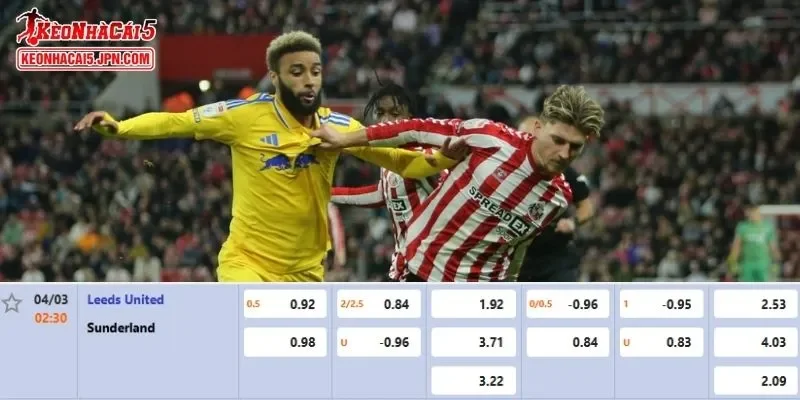 Tỷ lệ kèo chi tiết nhất cho trận đấu giữa Leeds United vs Sunderland